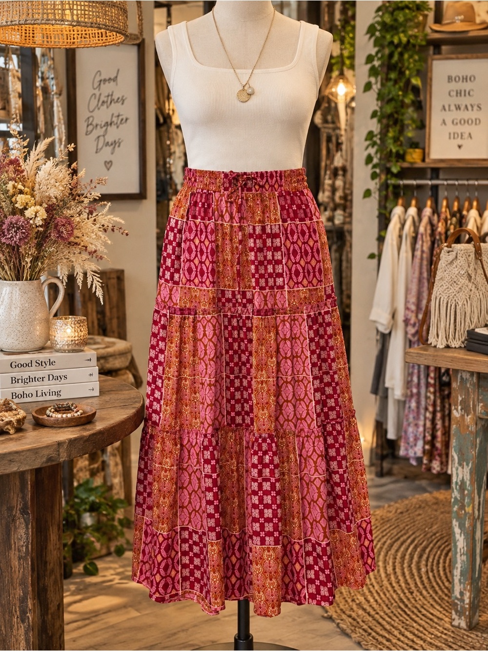 Boho Tiered Midi Skirt - Pink Patchwork NWOT